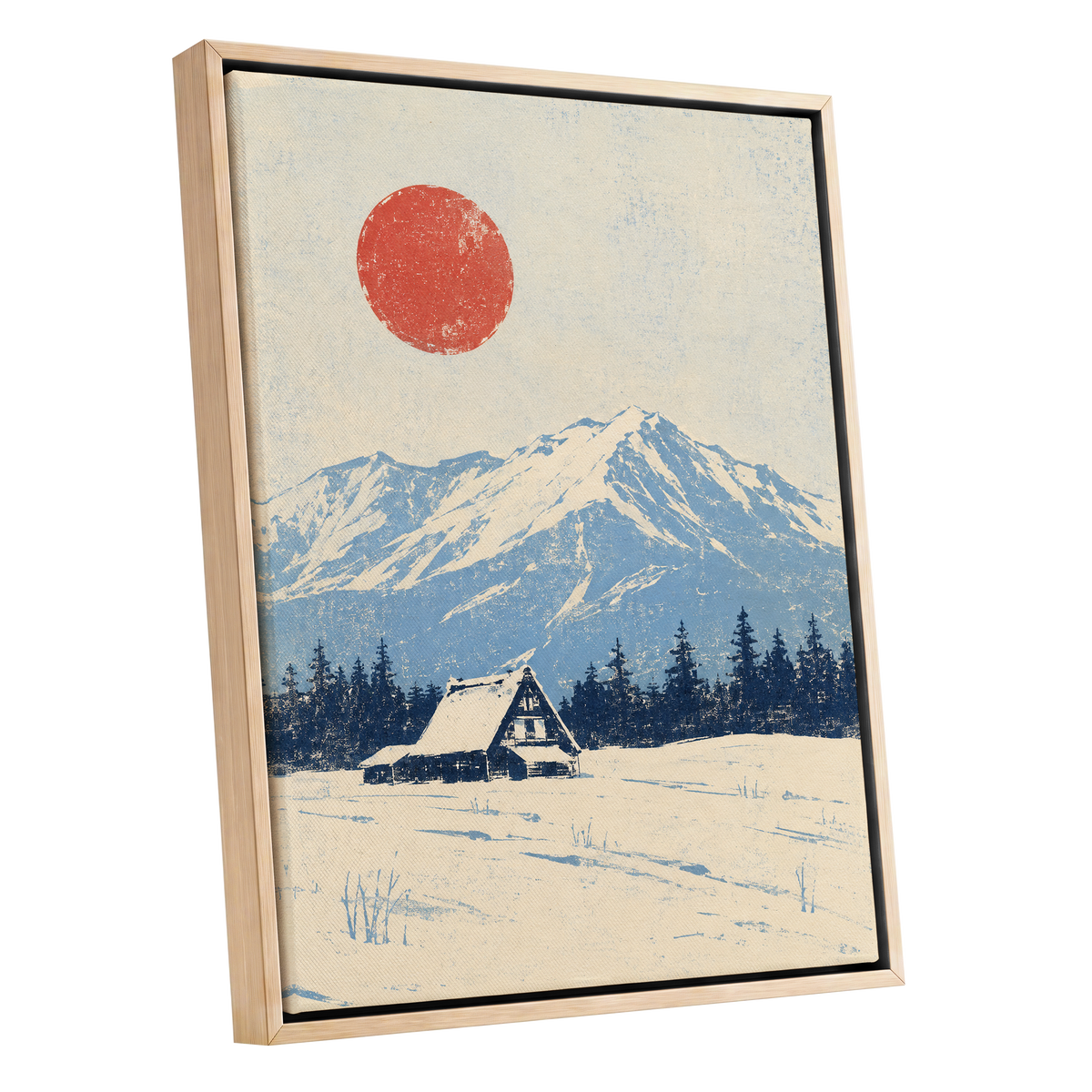 Scarlet Alpine Quiet, blue, beige, red nature wall art shown as a oak framed canvas wall art