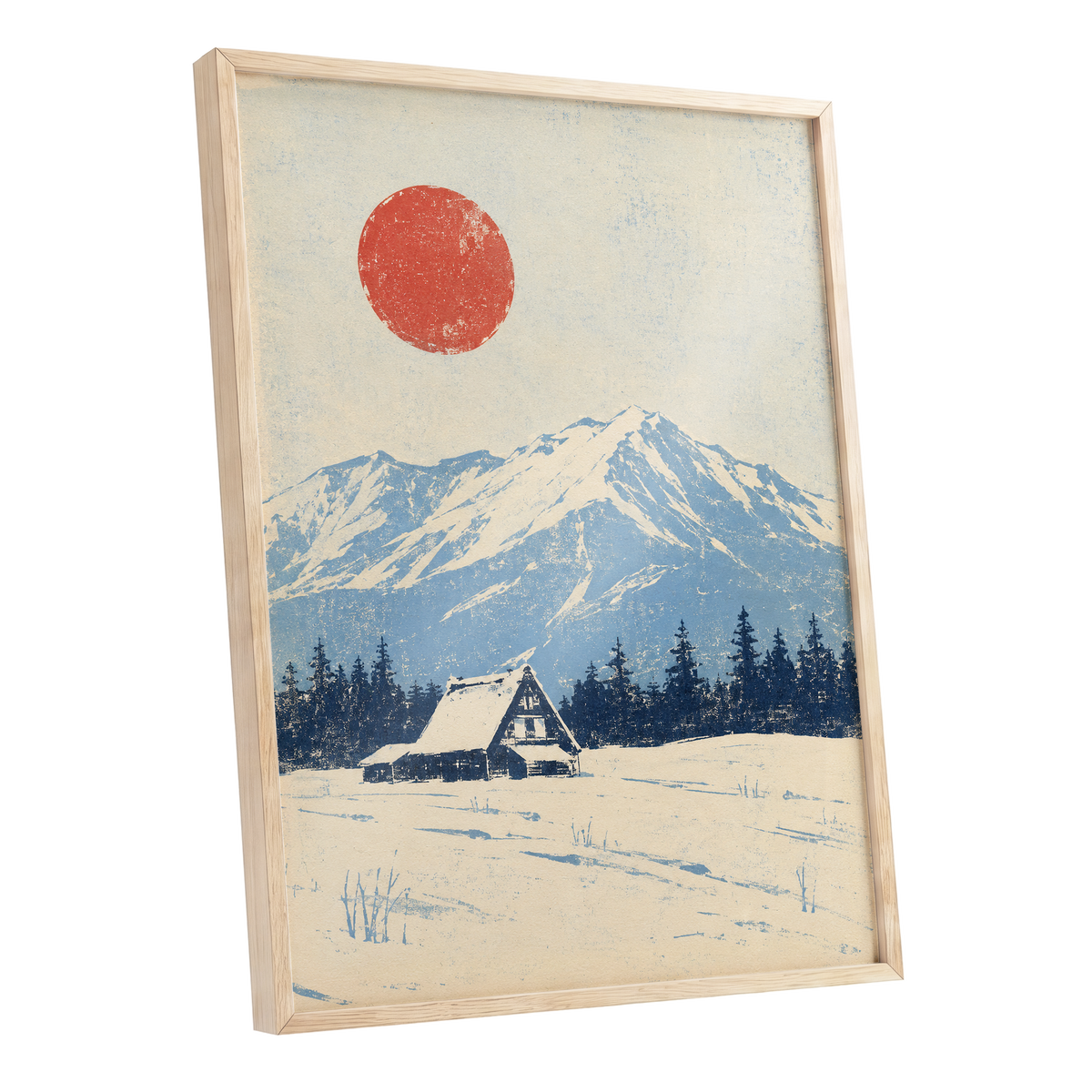 Scarlet Alpine Quiet, blue, beige, red nature wall art shown as a oak framed poster wall art print