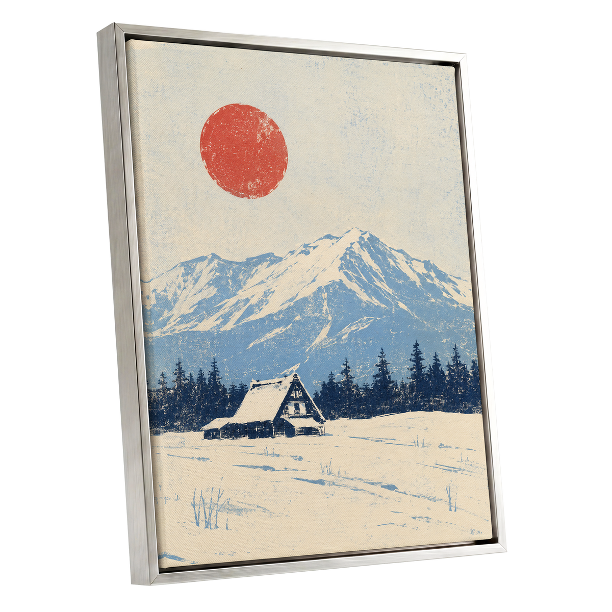 Scarlet Alpine Quiet, blue, beige, red nature wall art shown as a silver framed canvas wall art