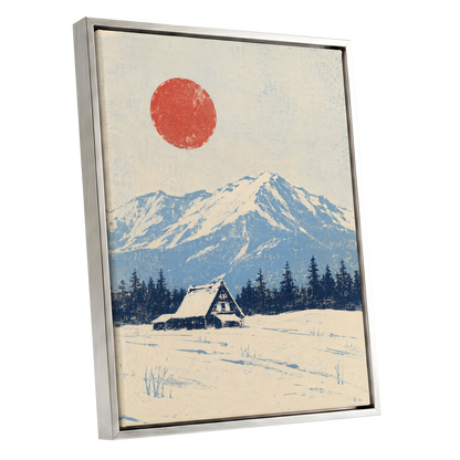 Scarlet Alpine Quiet, blue, beige, red nature wall art shown as a silver framed canvas wall art