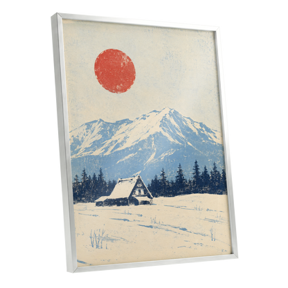 Scarlet Alpine Quiet, blue, beige, red nature wall art shown as a silver framed poster wall art print