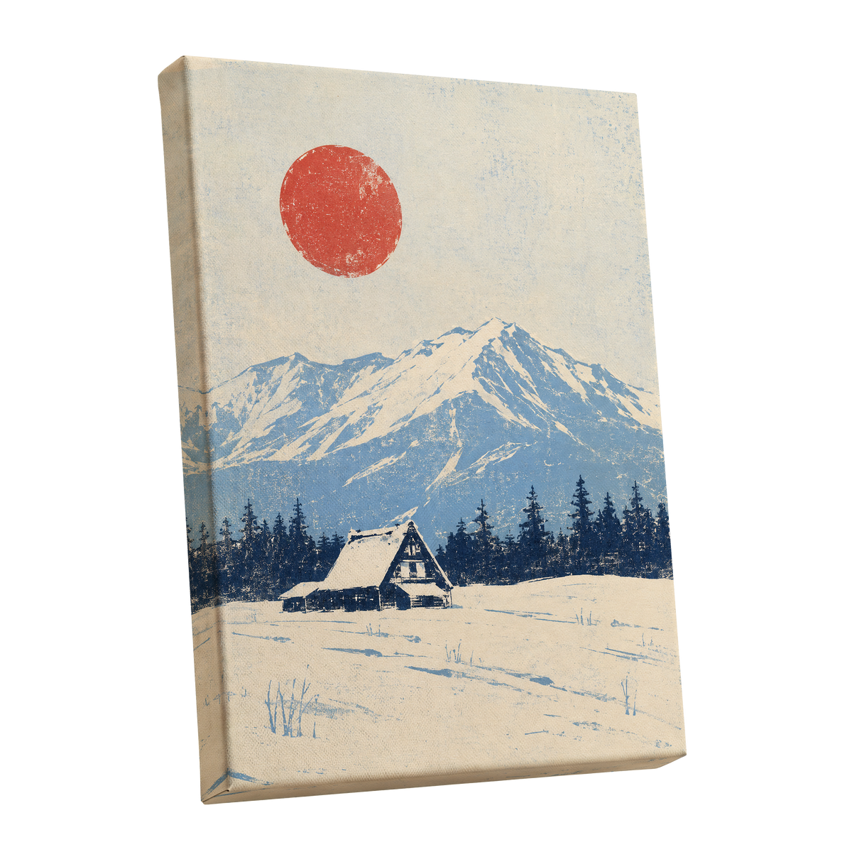 Scarlet Alpine Quiet, blue, beige, red nature wall art shown as a stretched canvas wall art