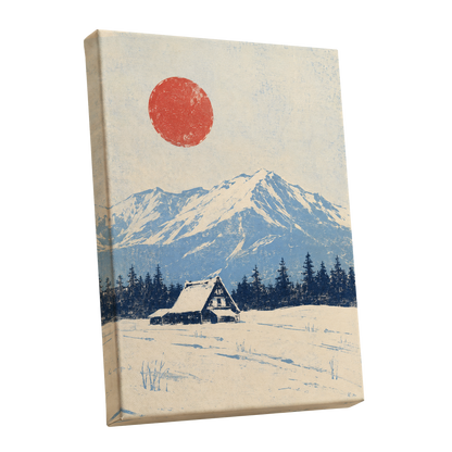 Scarlet Alpine Quiet, blue, beige, red nature wall art shown as a stretched canvas wall art