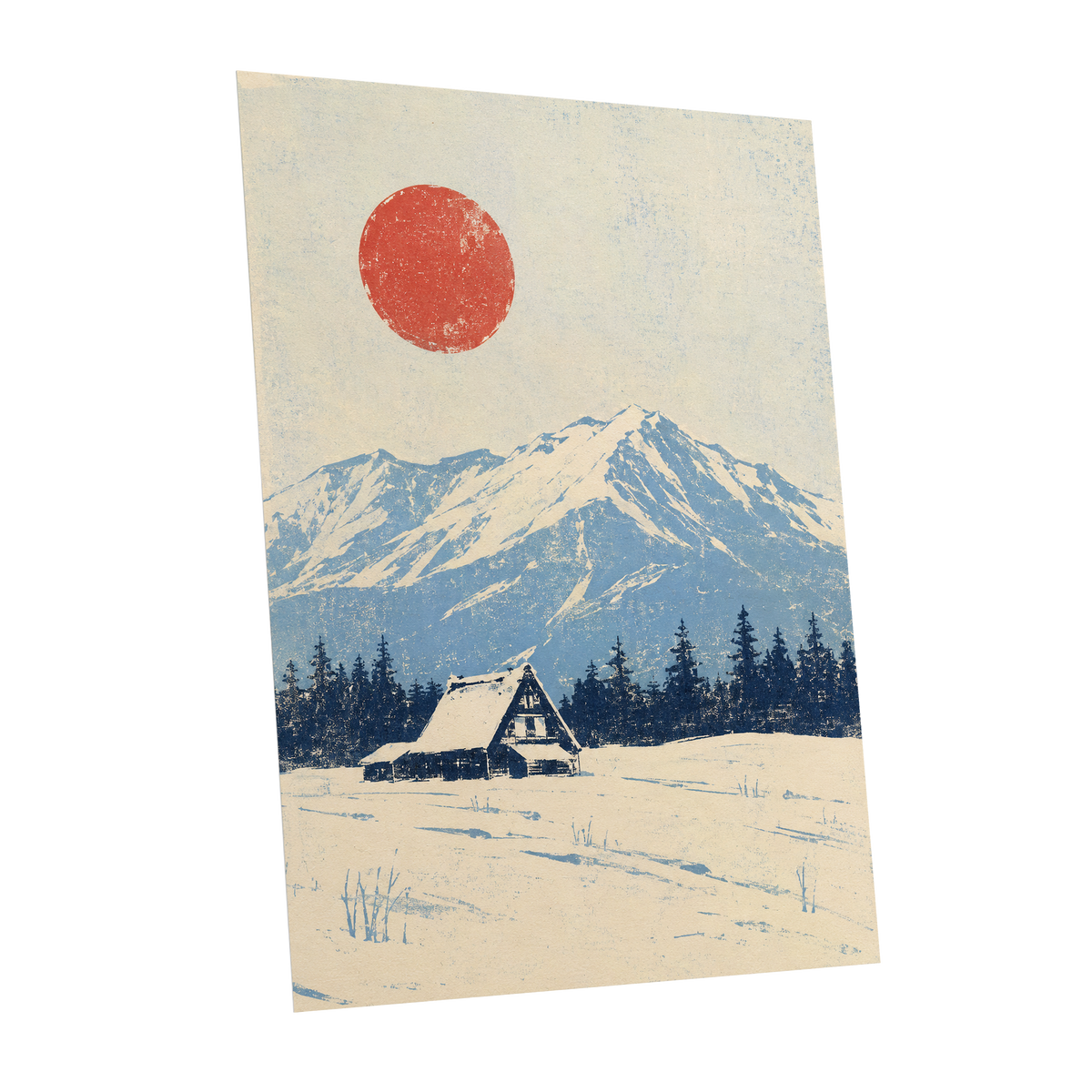 Scarlet Alpine Quiet, blue, beige, red nature wall art shown as a unframed poster wall art print