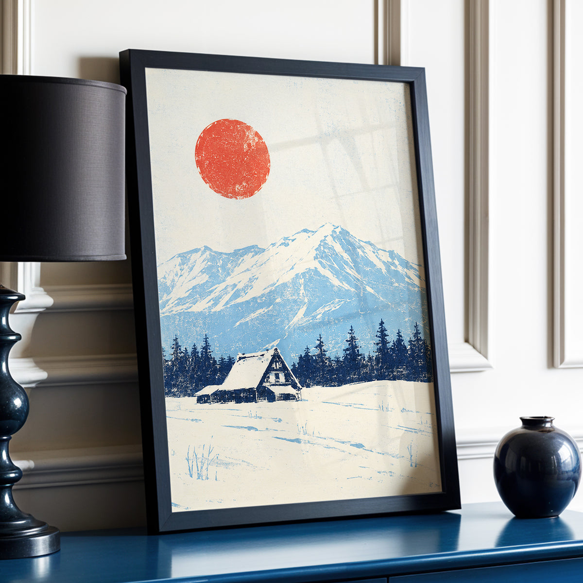 Scarlet Alpine Quiet, blue, beige, red nature wall art displayed in a styled interior, gallery view 2