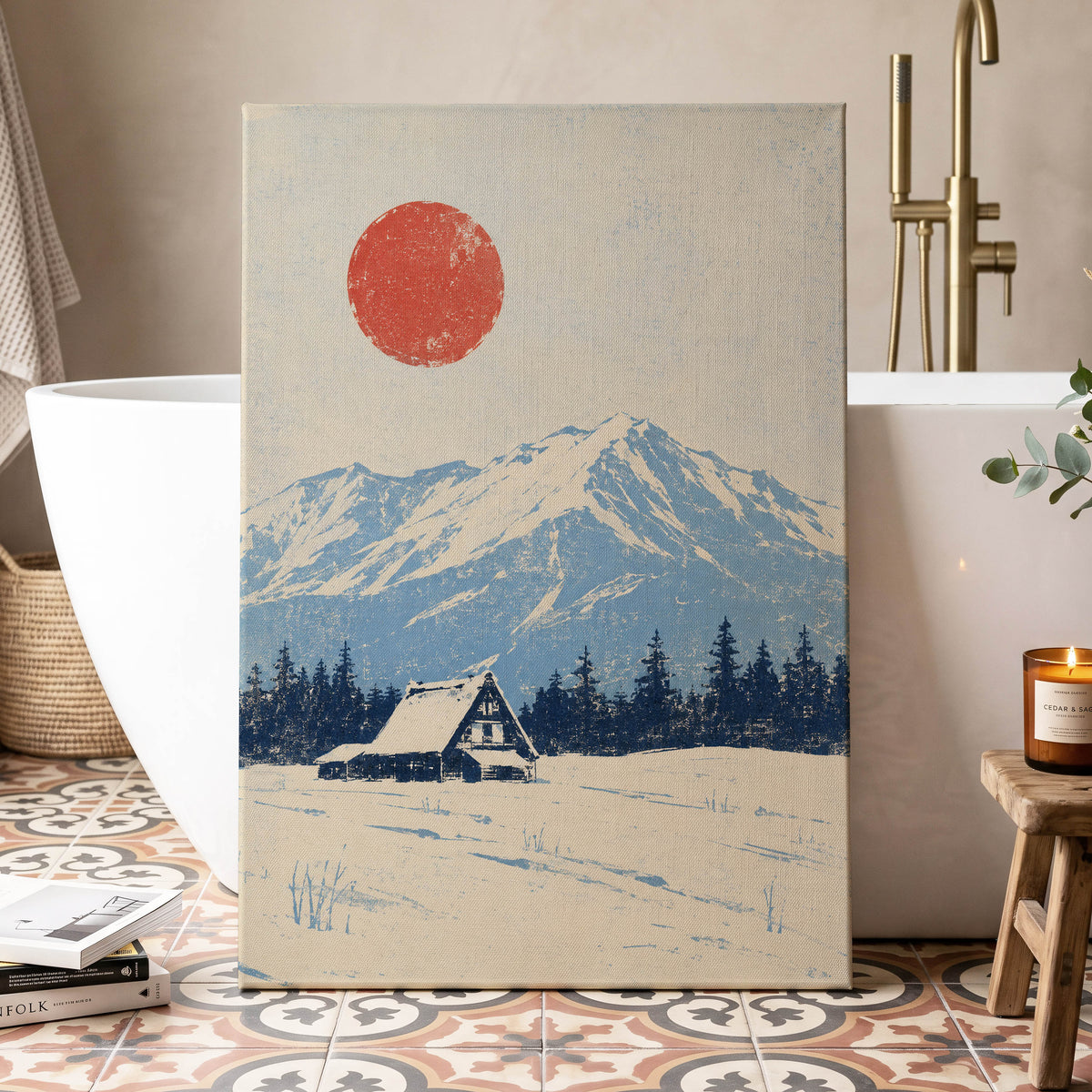 Scarlet Alpine Quiet, blue, beige, red nature wall art displayed in a styled interior, gallery view 3