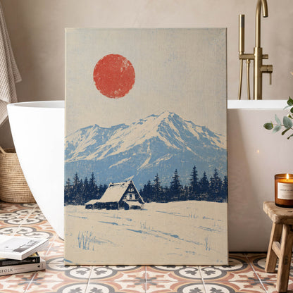 Scarlet Alpine Quiet, blue, beige, red nature wall art displayed in a styled interior, gallery view 3
