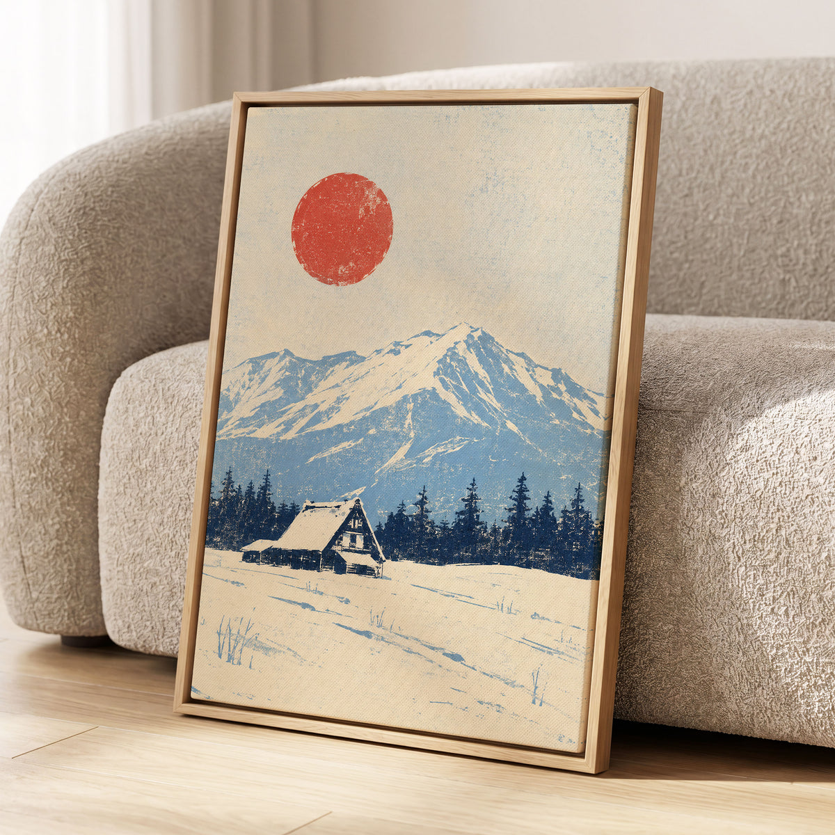 Scarlet Alpine Quiet, blue, beige, red nature wall art displayed in a styled interior, gallery view 4