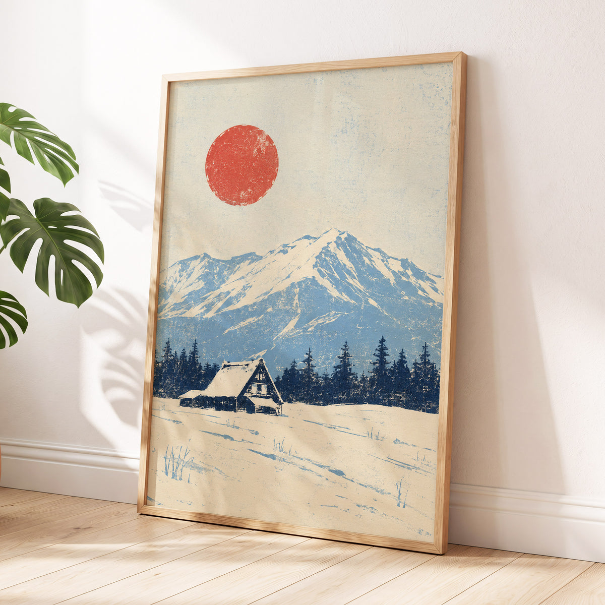 Scarlet Alpine Quiet, blue, beige, red nature wall art displayed in a styled interior, gallery view 6