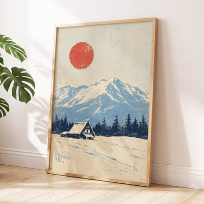 Scarlet Alpine Quiet, blue, beige, red nature wall art displayed in a styled interior, gallery view 6