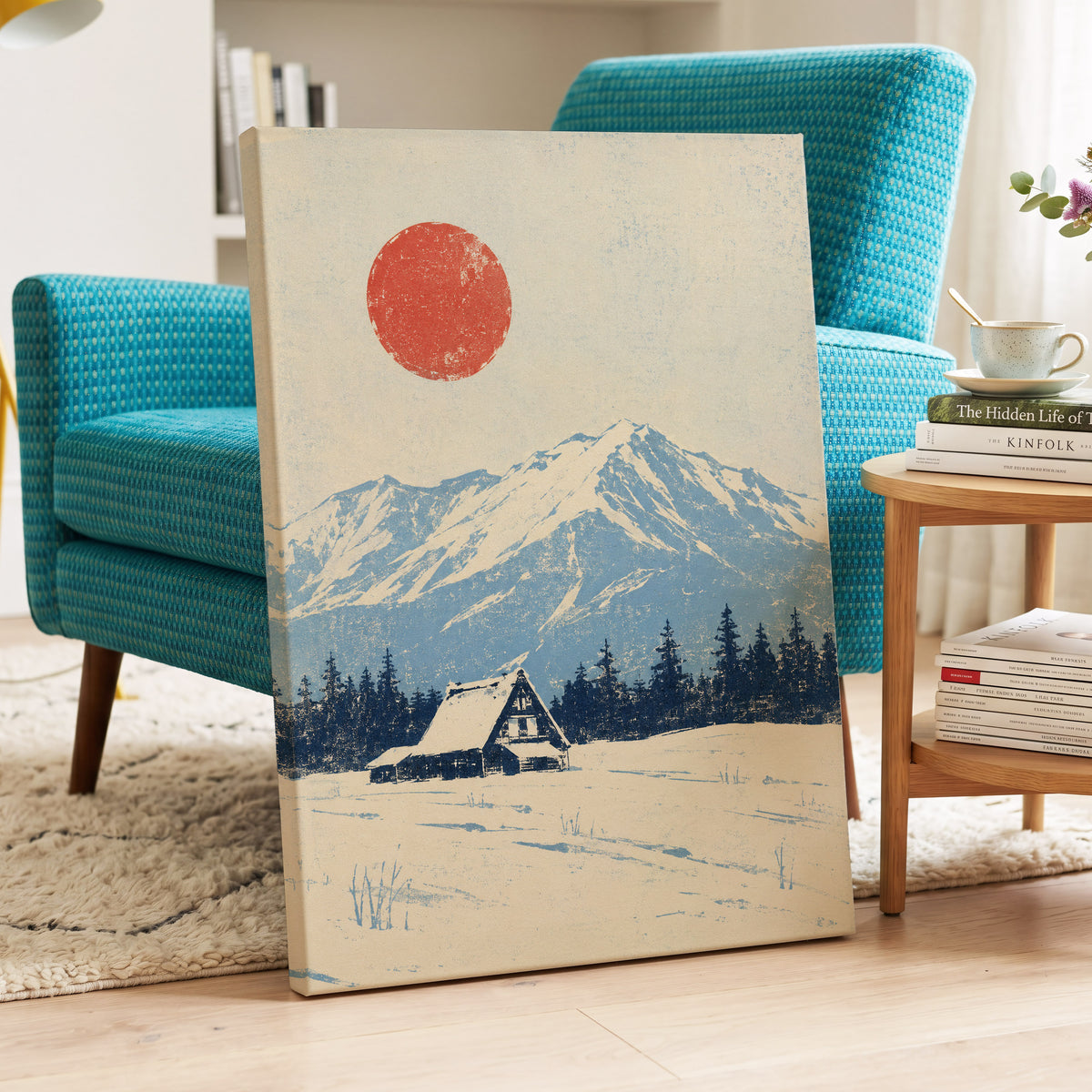 Scarlet Alpine Quiet, blue, beige, red nature wall art displayed in a styled interior, gallery view 7