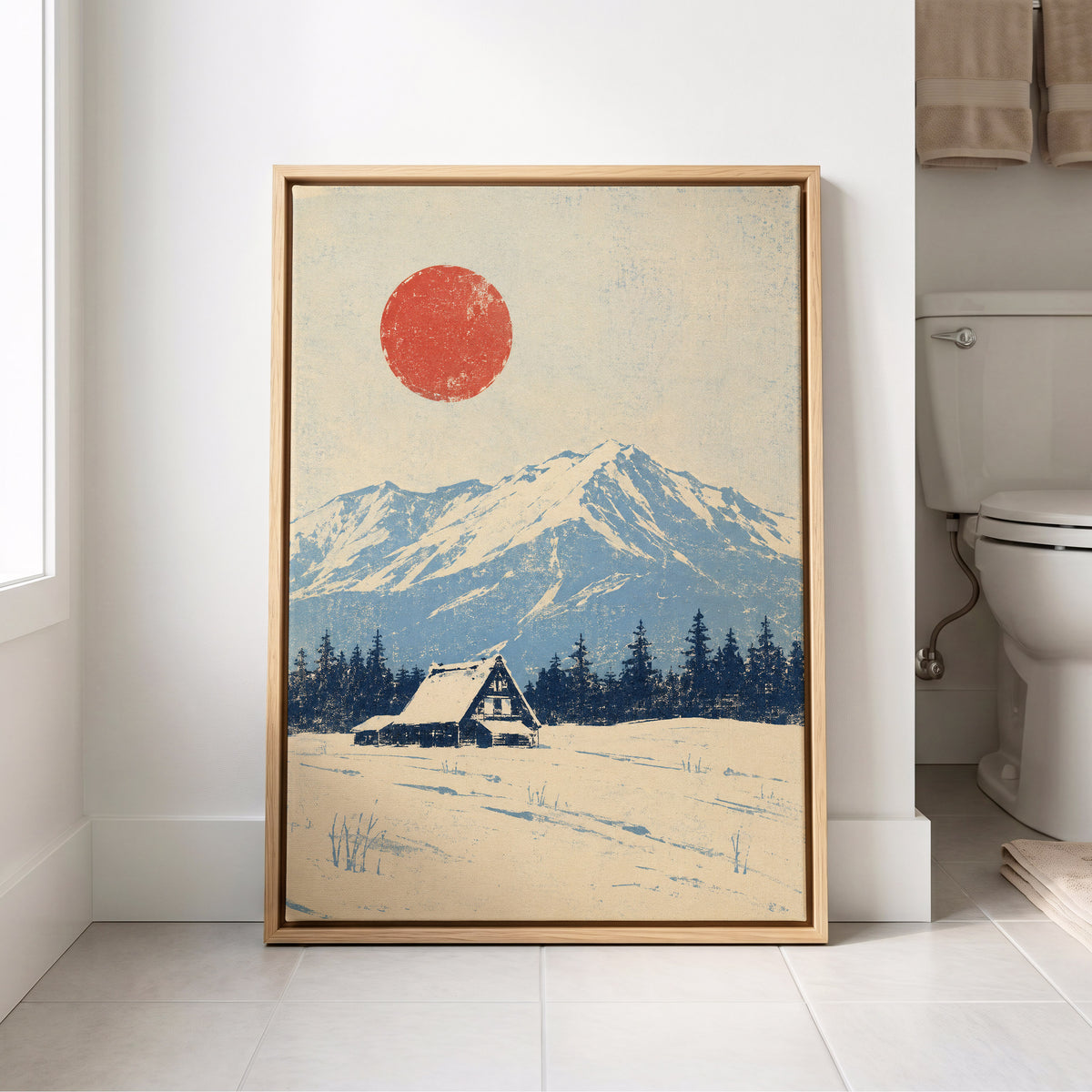 Scarlet Alpine Quiet, blue, beige, red nature wall art displayed in a styled interior, gallery view 8
