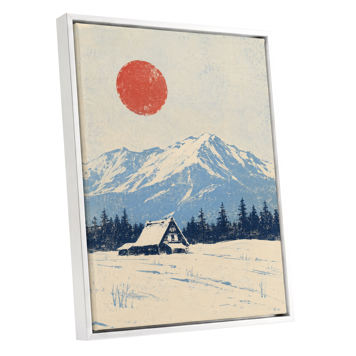 Scarlet Alpine Quiet, blue, beige, red nature wall art shown as a white framed canvas wall art