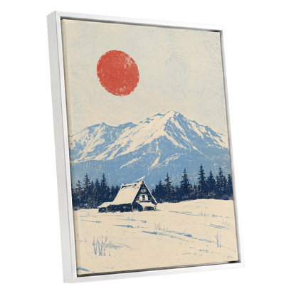 Scarlet Alpine Quiet, blue, beige, red nature wall art shown as a white framed canvas wall art