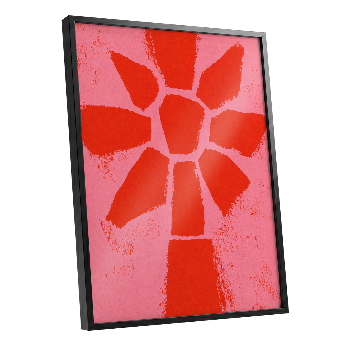 Scarlet Bloom, red, pink, orange floral wall art shown as a black framed poster wall art print