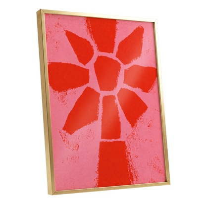 Scarlet Bloom, red, pink, orange floral wall art shown as a gold framed poster wall art print