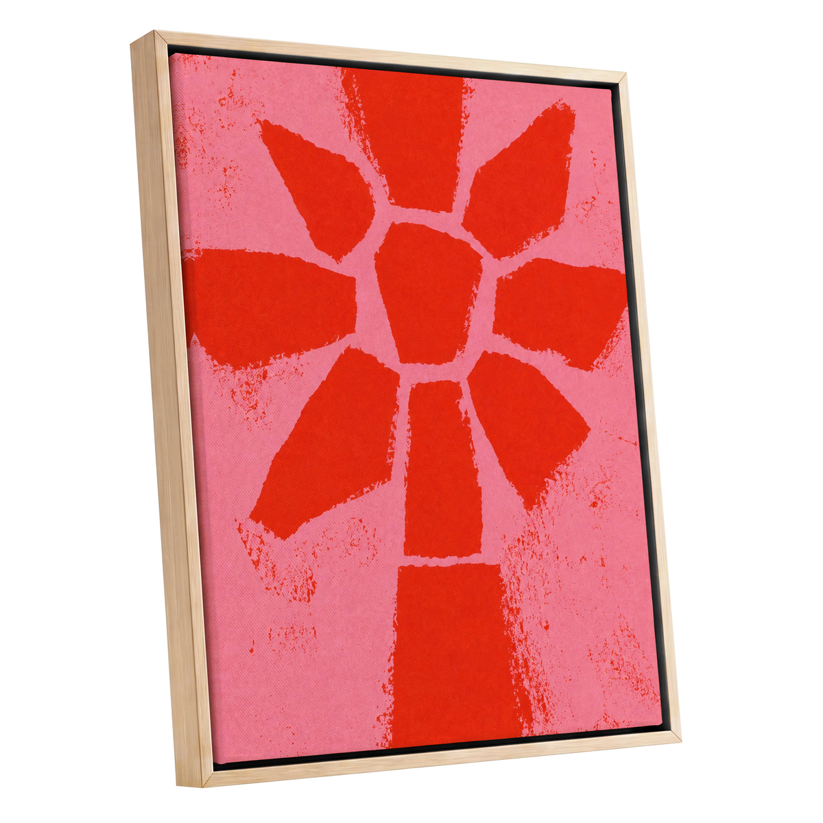 Scarlet Bloom, red, pink, orange floral wall art shown as a oak framed canvas wall art