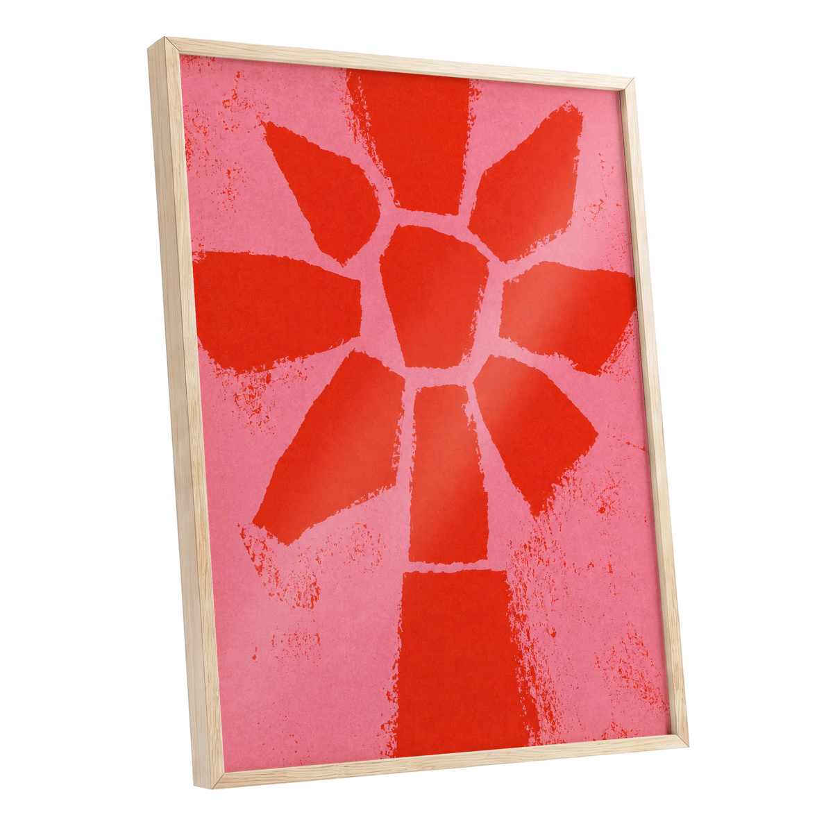 Scarlet Bloom, red, pink, orange floral wall art shown as a oak framed poster wall art print
