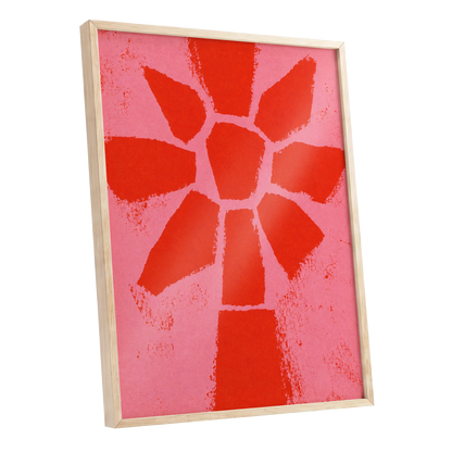 Scarlet Bloom, red, pink, orange floral wall art shown as a oak framed poster wall art print