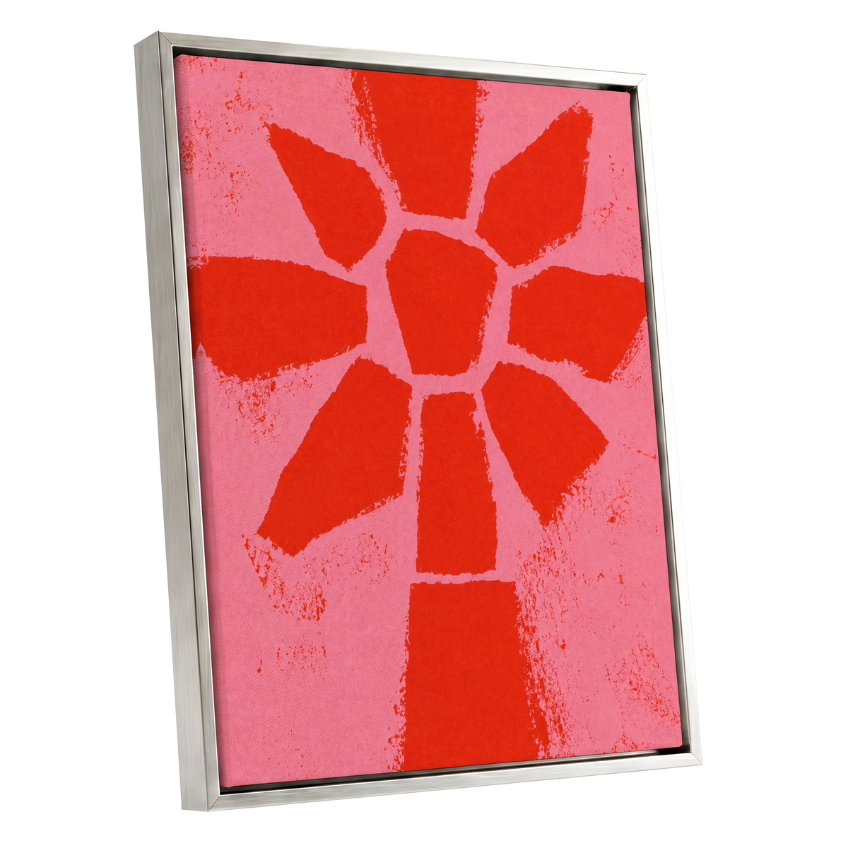 Scarlet Bloom, red, pink, orange floral wall art shown as a silver framed canvas wall art