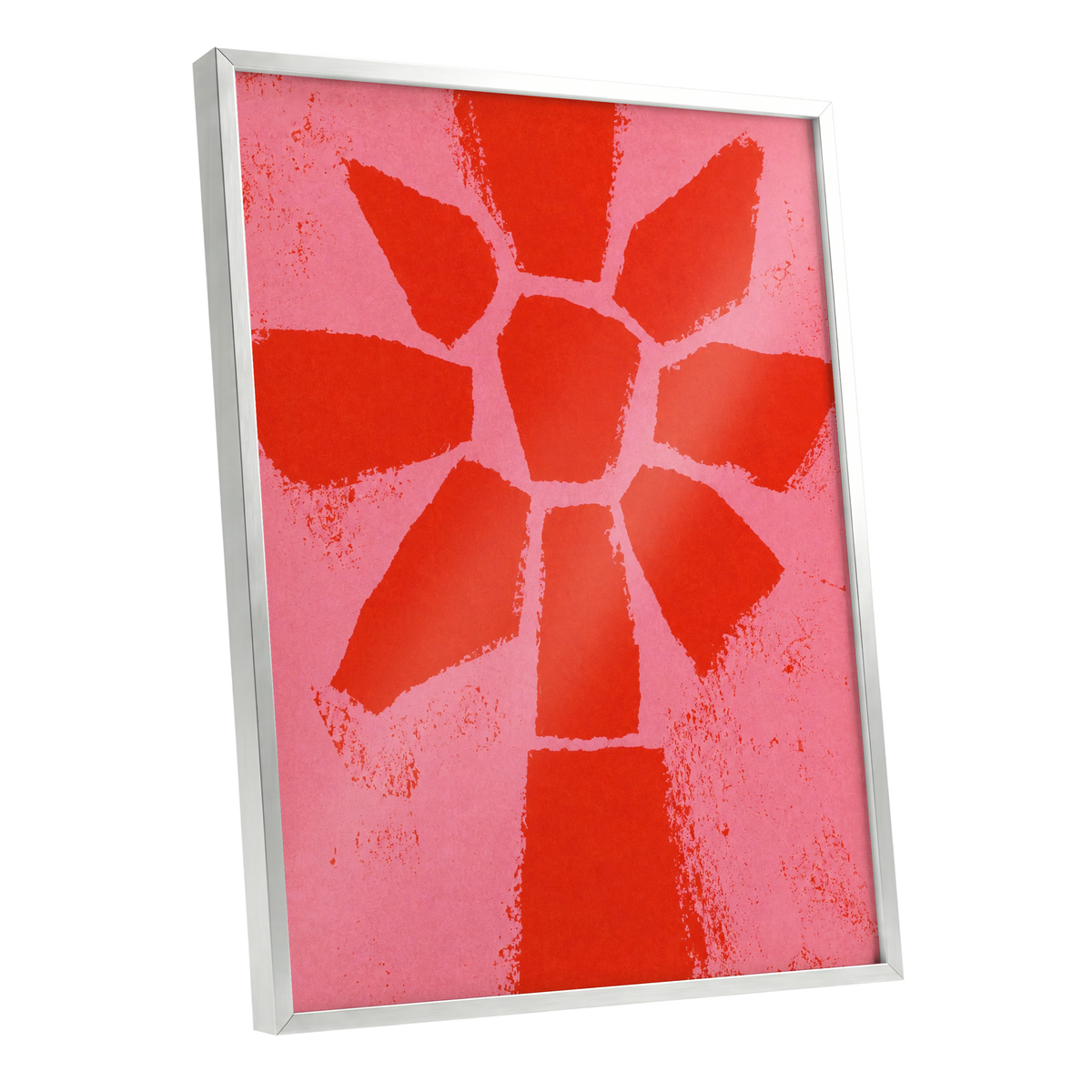 Scarlet Bloom, red, pink, orange floral wall art shown as a silver framed poster wall art print