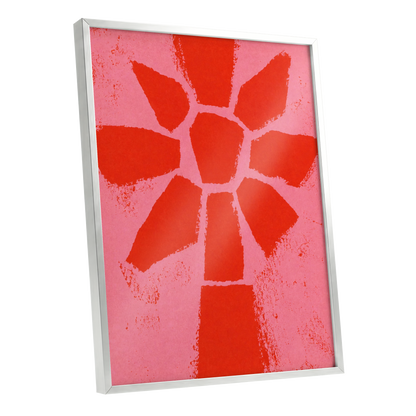 Scarlet Bloom, red, pink, orange floral wall art shown as a silver framed poster wall art print