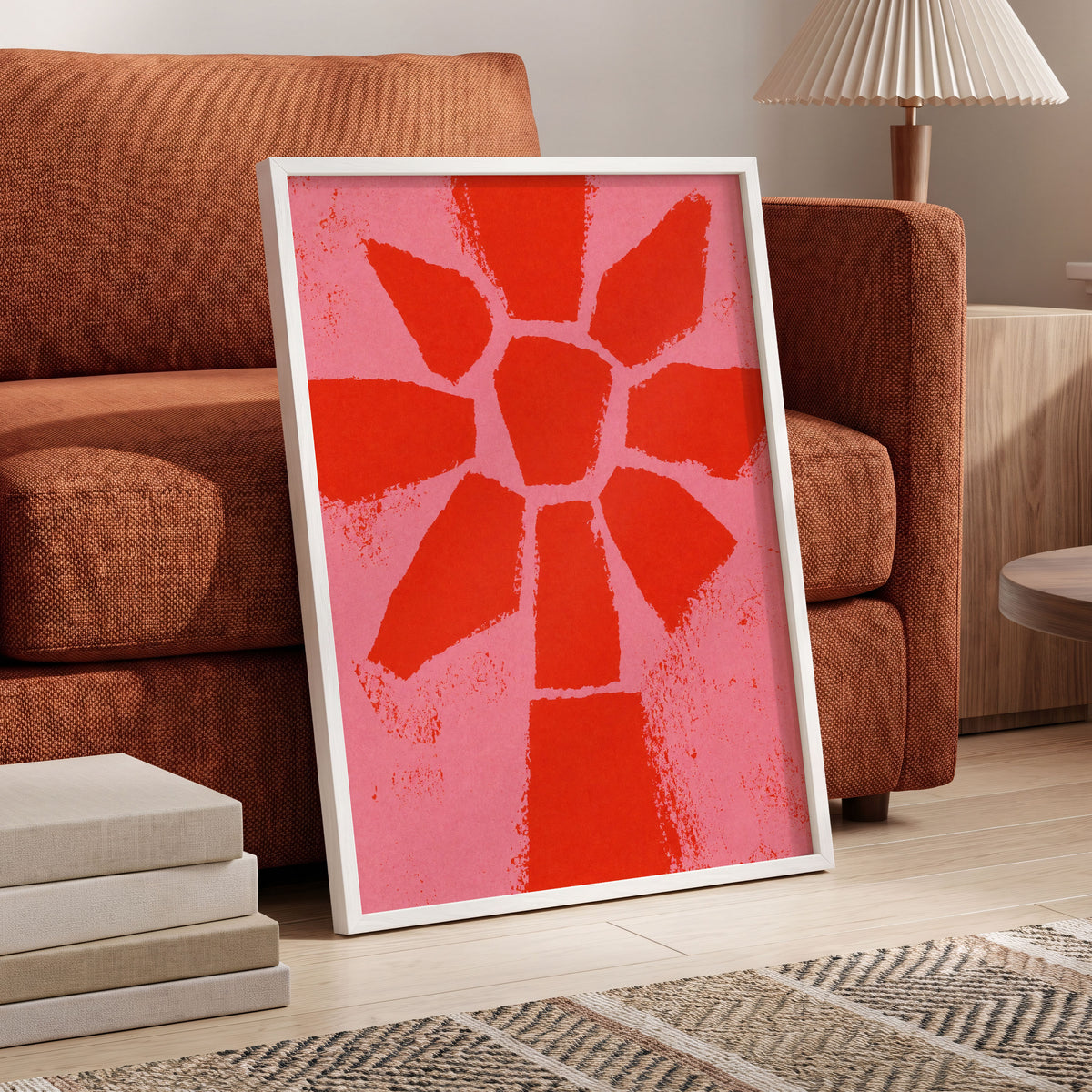 Scarlet Bloom, red, pink, orange floral wall art displayed in a styled interior, gallery view 2