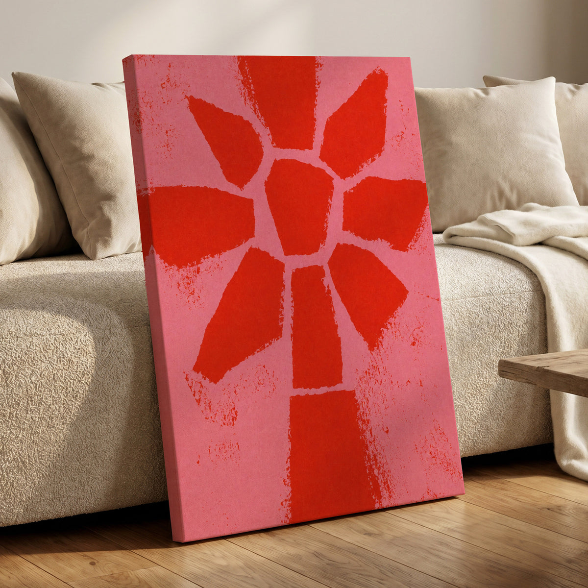 Scarlet Bloom, red, pink, orange floral wall art displayed in a styled interior, gallery view 3