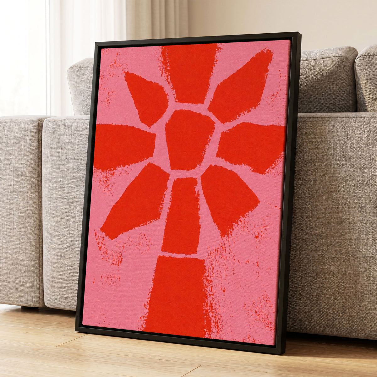 Scarlet Bloom, red, pink, orange floral wall art displayed in a styled interior, gallery view 4
