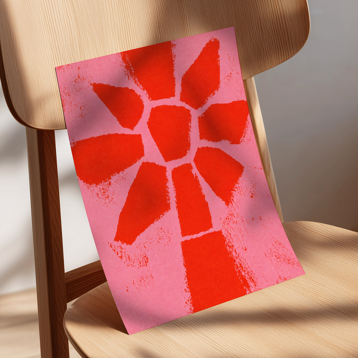 Scarlet Bloom, red, pink, orange floral wall art displayed in a styled interior, gallery view 5