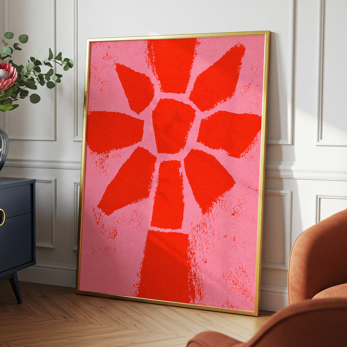 Scarlet Bloom, red, pink, orange floral wall art displayed in a styled interior, gallery view 6