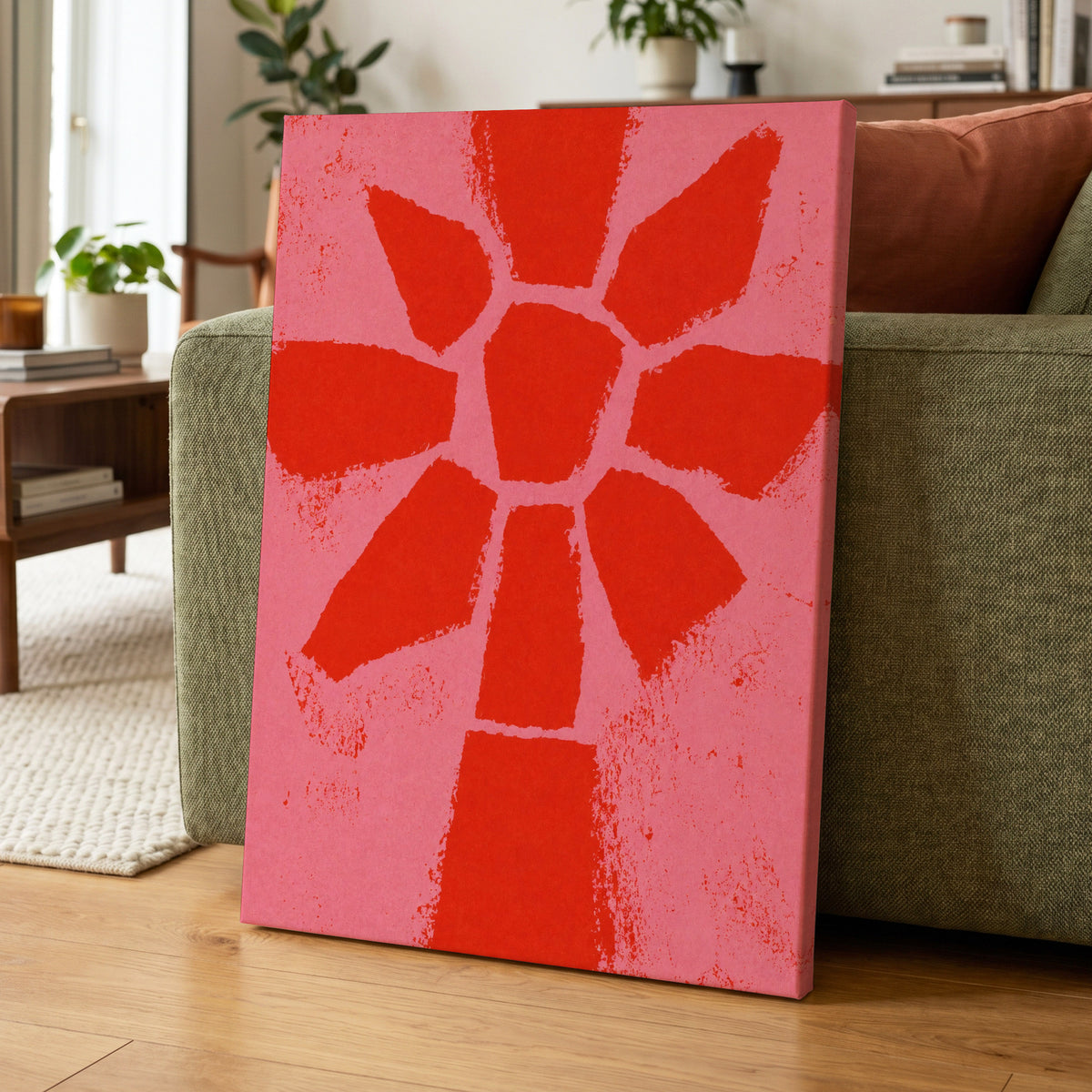 Scarlet Bloom, red, pink, orange floral wall art displayed in a styled interior, gallery view 7