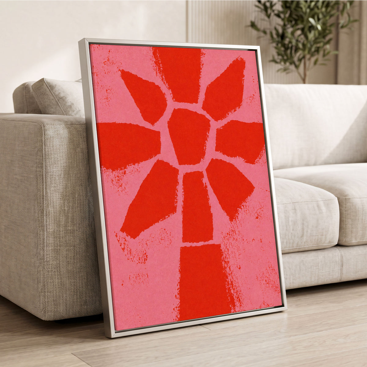 Scarlet Bloom, red, pink, orange floral wall art displayed in a styled interior, gallery view 8