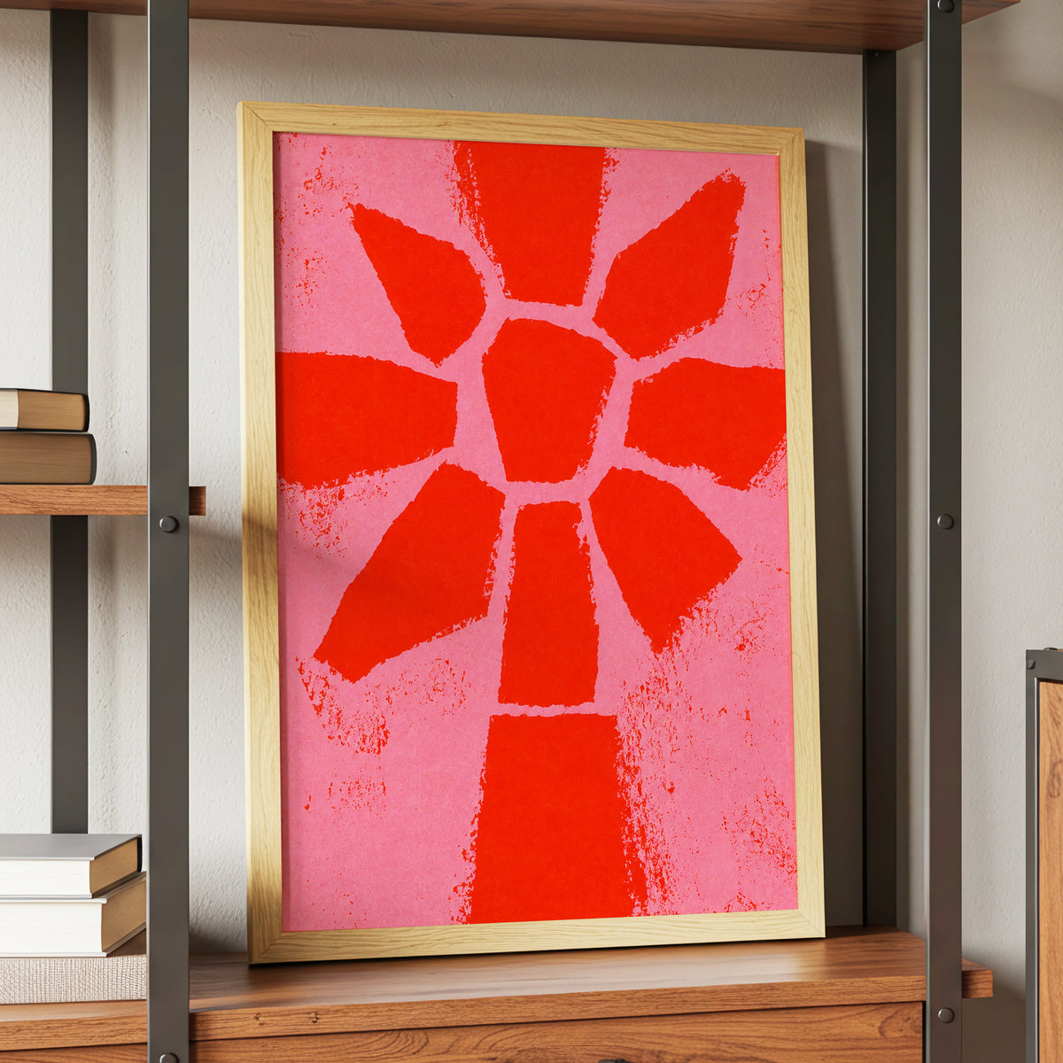 Scarlet Bloom, red, pink, orange floral wall art displayed in a styled interior, gallery view 9