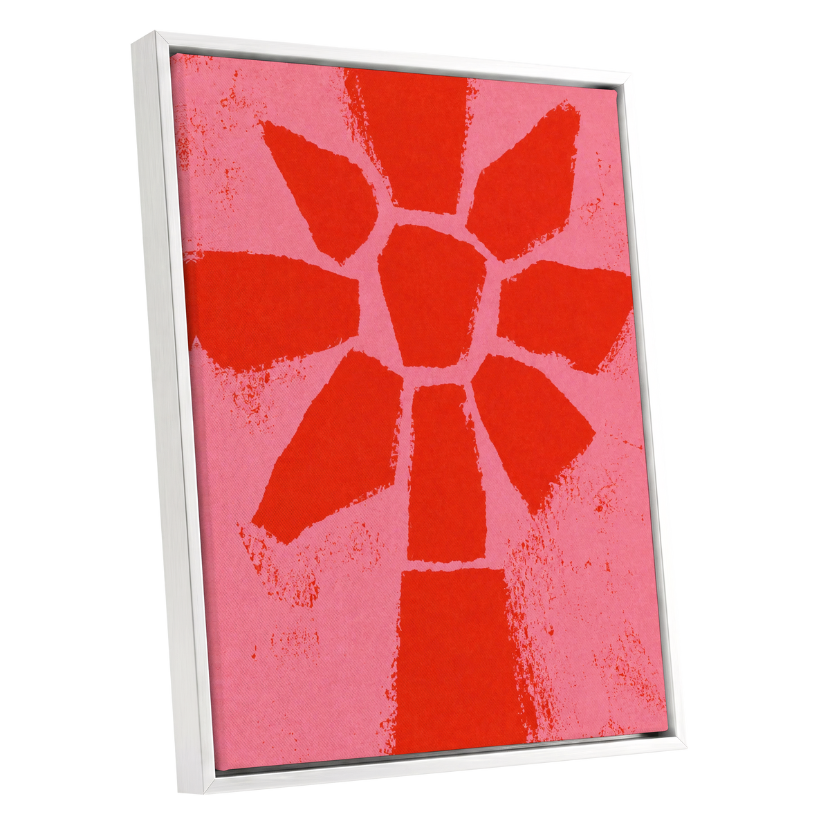 Scarlet Bloom, red, pink, orange floral wall art shown as a white framed canvas wall art