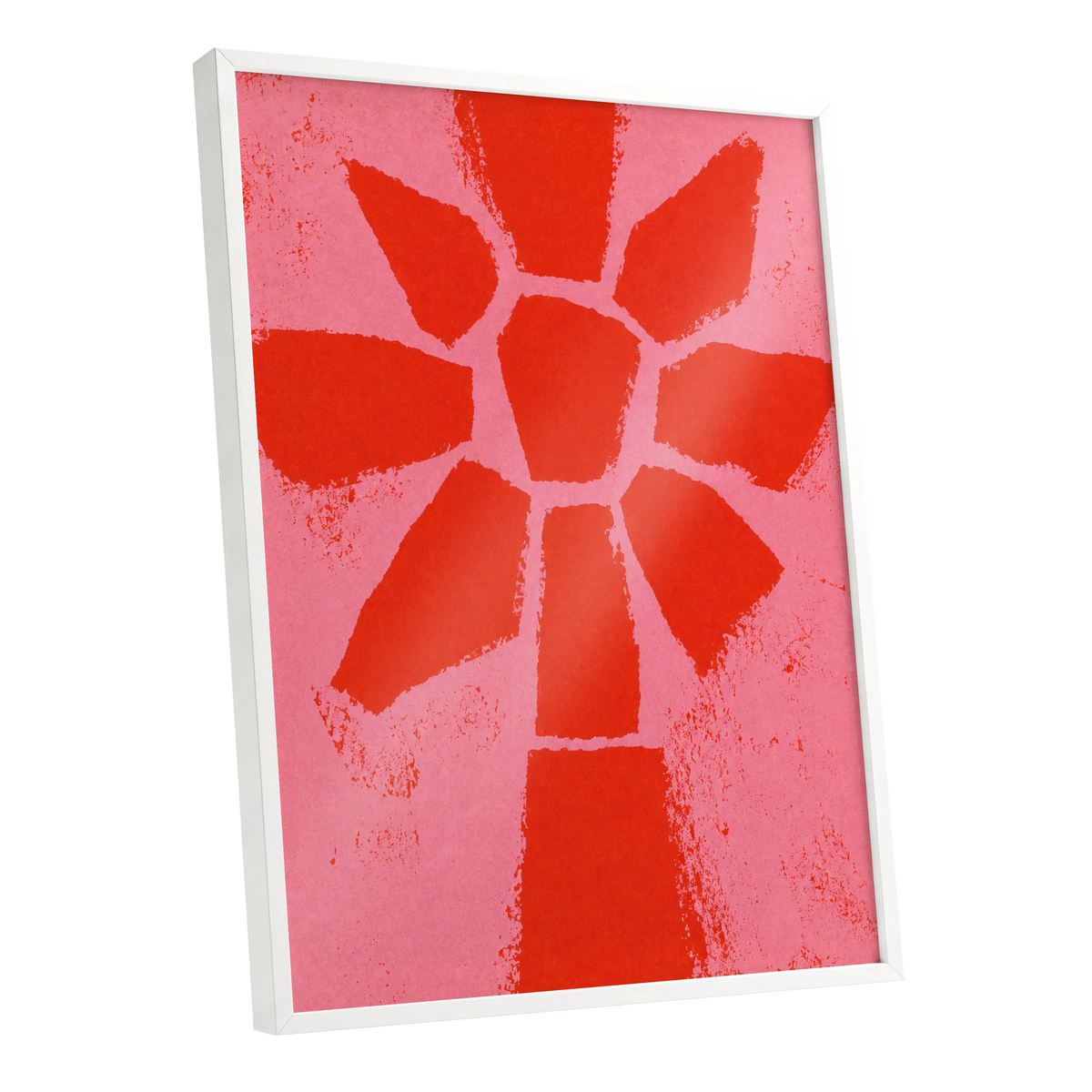 Scarlet Bloom, red, pink, orange floral wall art shown as a white framed poster wall art print