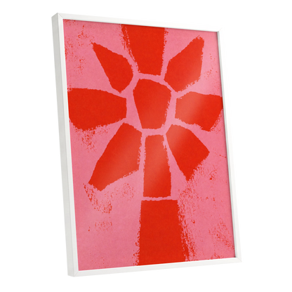 Scarlet Bloom, red, pink, orange floral wall art shown as a white framed poster wall art print