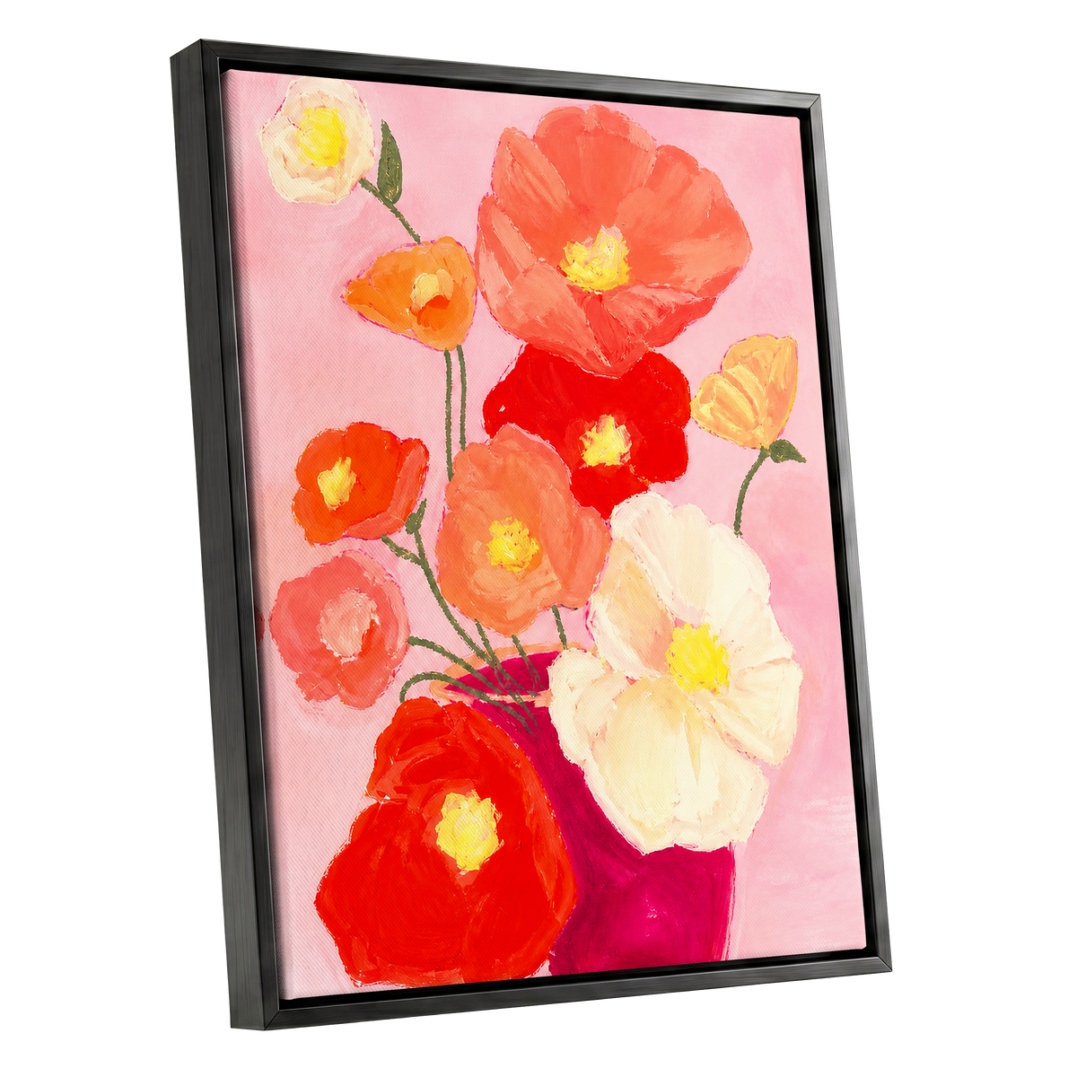 Scarlet Blush Bouquet, pink, red, orange floral wall art shown as a black framed canvas wall art