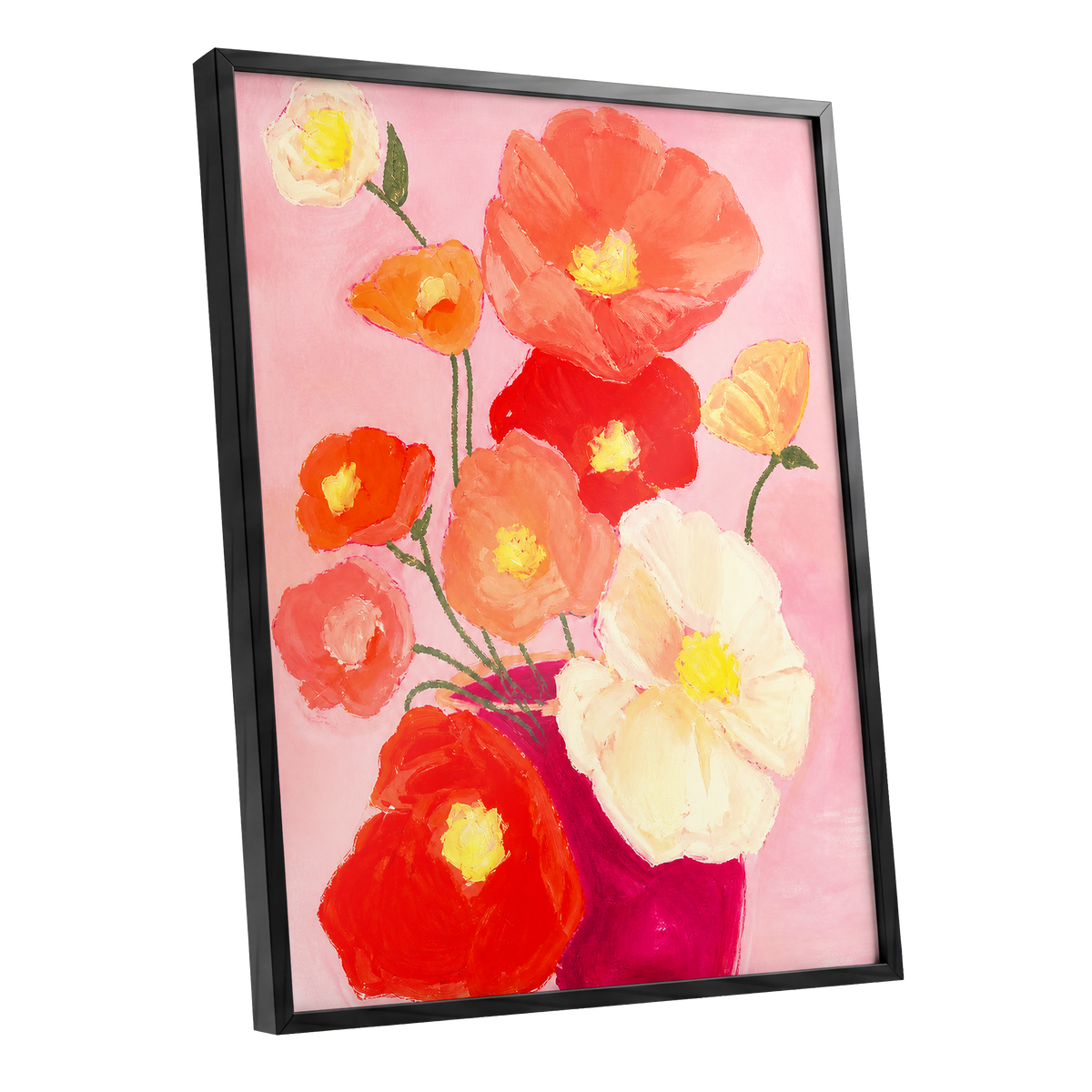 Scarlet Blush Bouquet, pink, red, orange floral wall art shown as a black framed poster wall art print