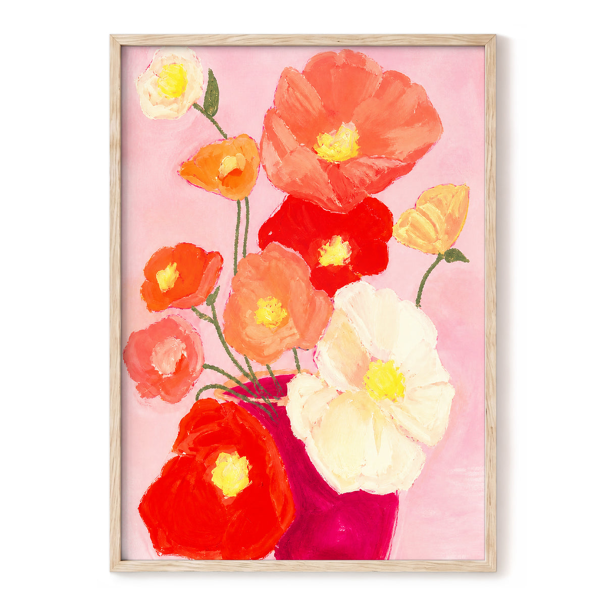 Scarlet Blush Bouquet, pink, red, orange floral wall art, front artwork view