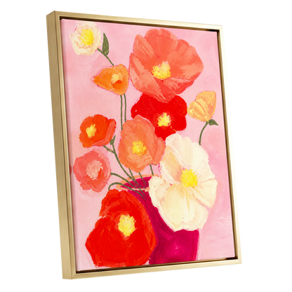 Scarlet Blush Bouquet, pink, red, orange floral wall art shown as a gold framed canvas wall art