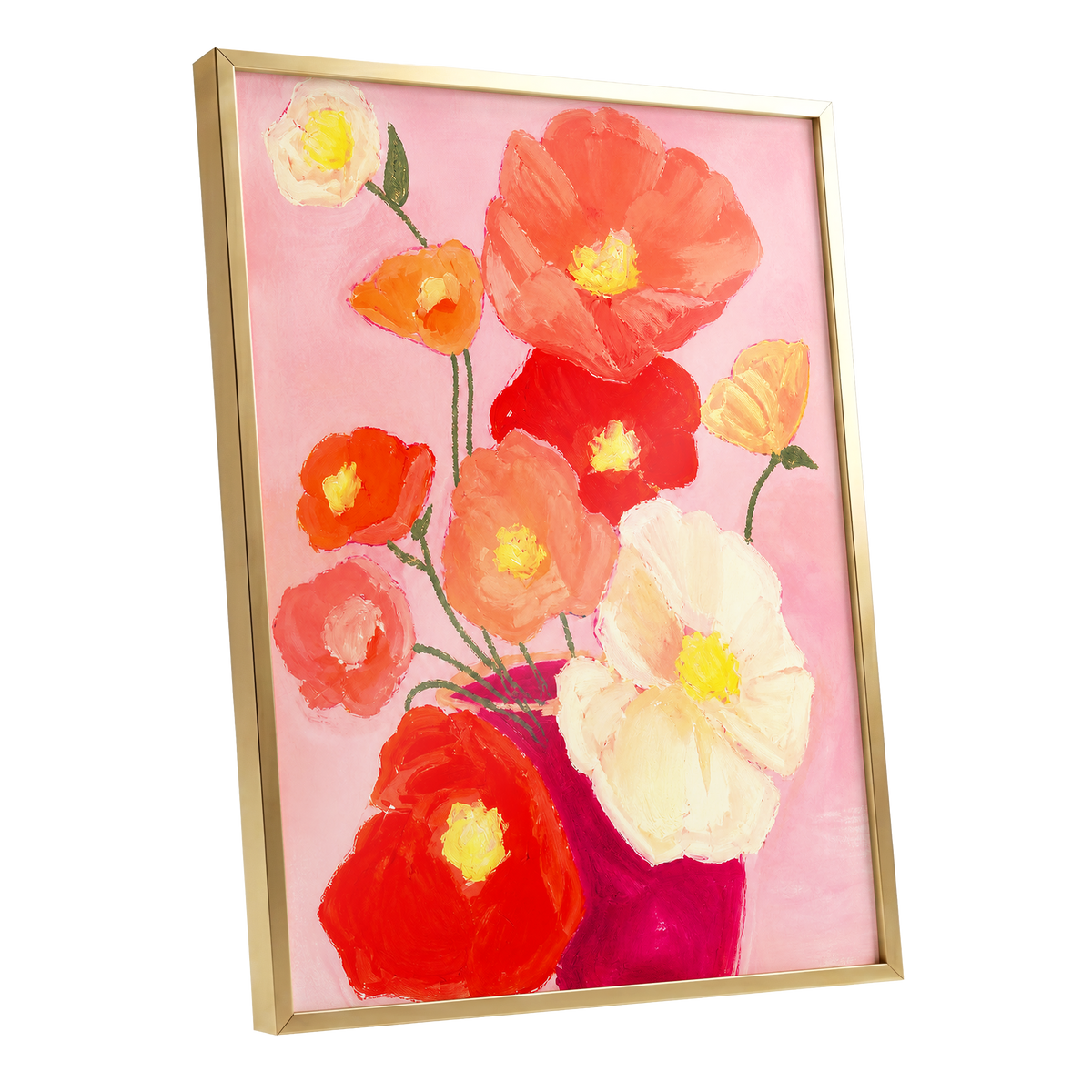 Scarlet Blush Bouquet, pink, red, orange floral wall art shown as a gold framed poster wall art print