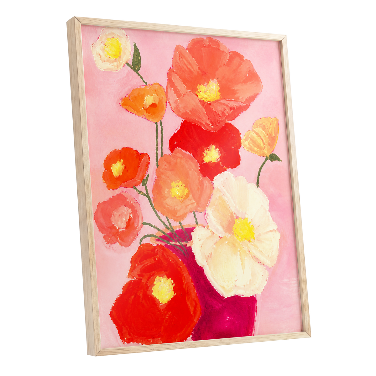 Scarlet Blush Bouquet, pink, red, orange floral wall art shown as a oak framed poster wall art print