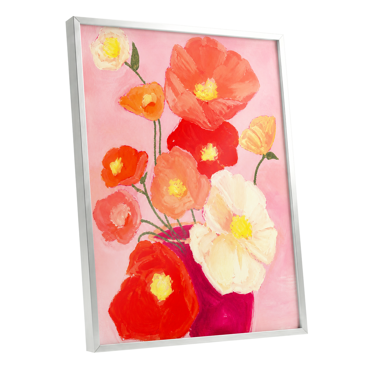 Scarlet Blush Bouquet, pink, red, orange floral wall art shown as a silver framed poster wall art print