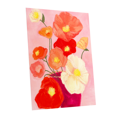 Scarlet Blush Bouquet, pink, red, orange floral wall art shown as a unframed poster wall art print