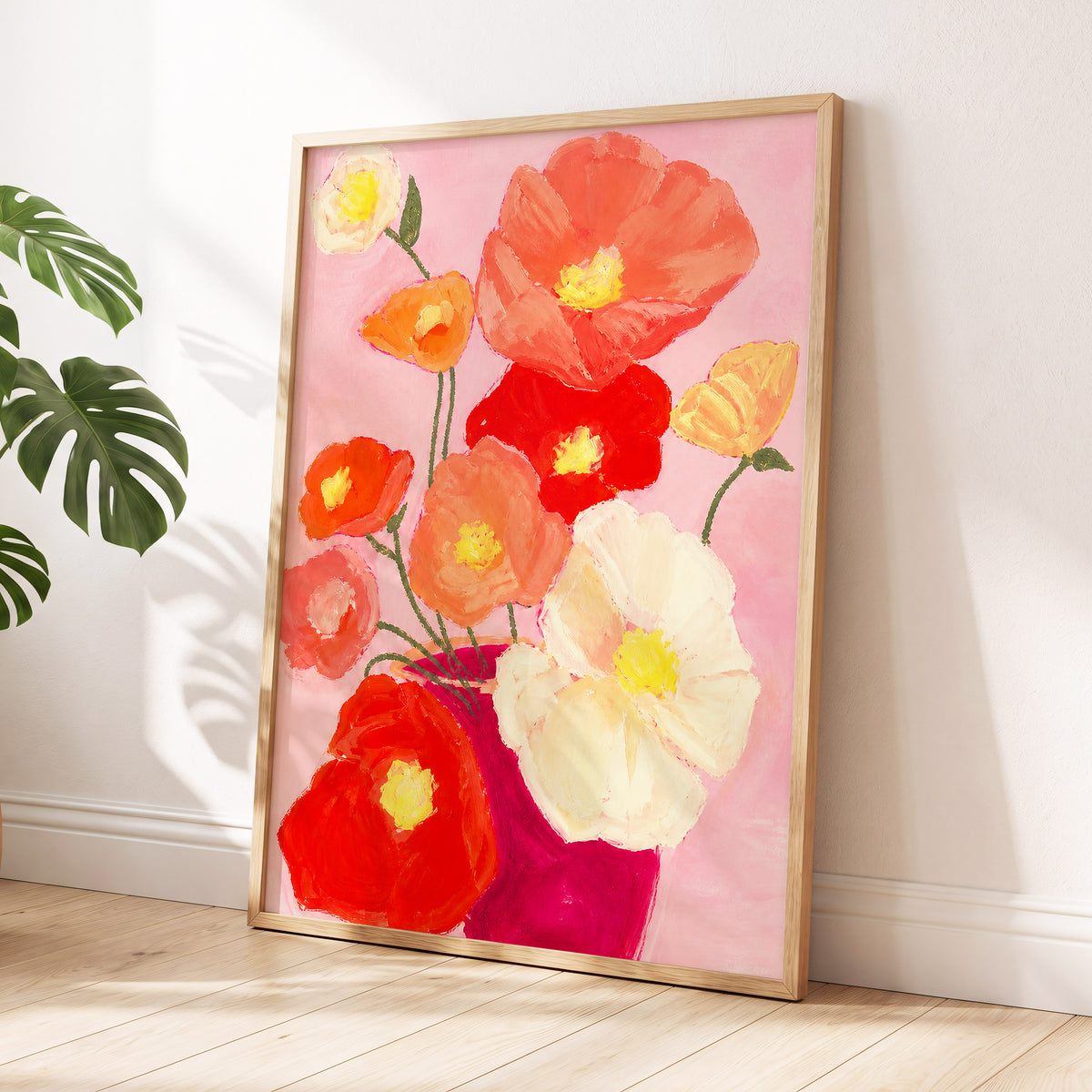 Scarlet Blush Bouquet, pink, red, orange floral wall art displayed in a styled interior, gallery view 2