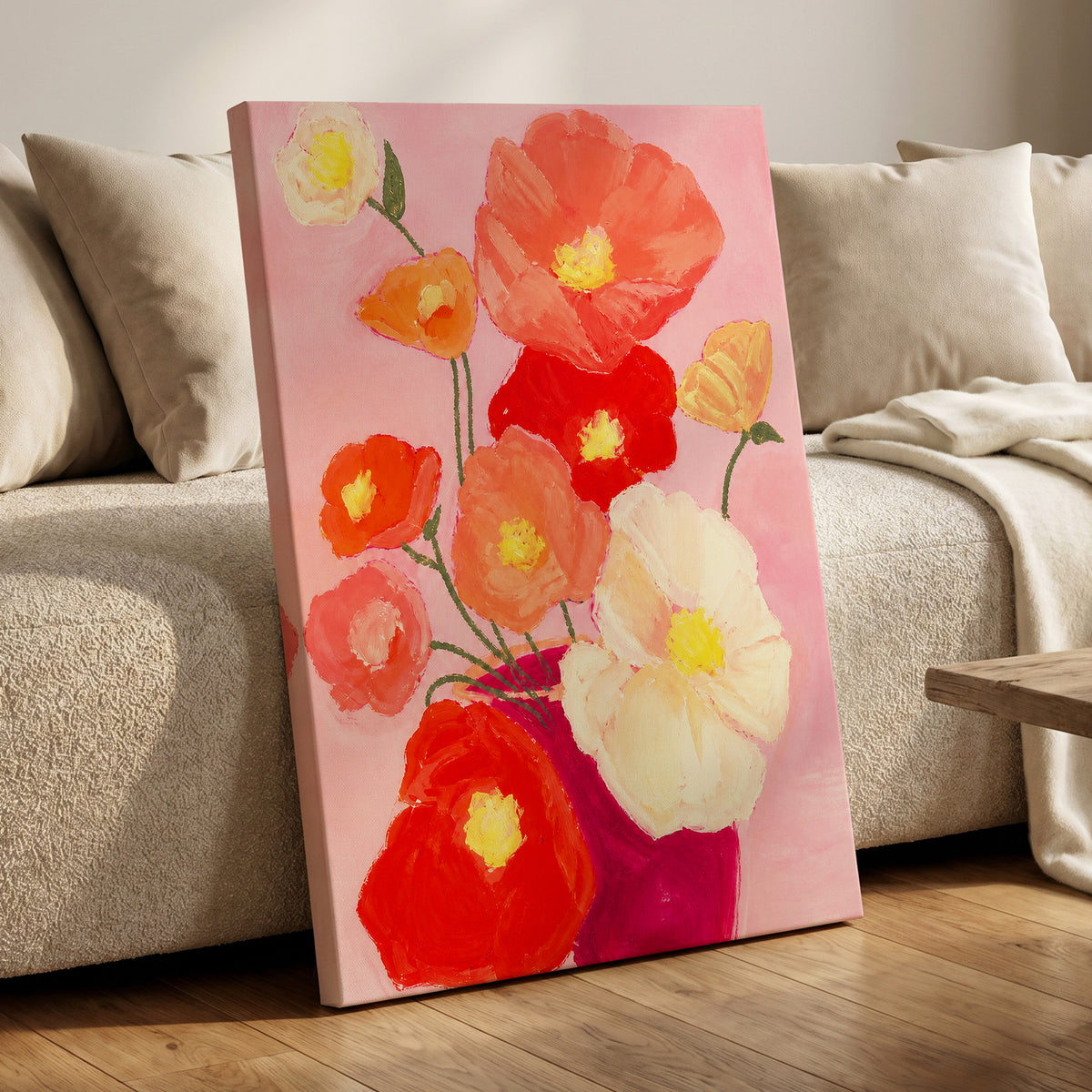 Scarlet Blush Bouquet, pink, red, orange floral wall art displayed in a styled interior, gallery view 3
