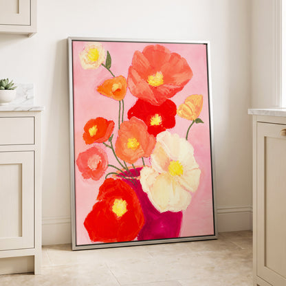 Scarlet Blush Bouquet, pink, red, orange floral wall art displayed in a styled interior, gallery view 4