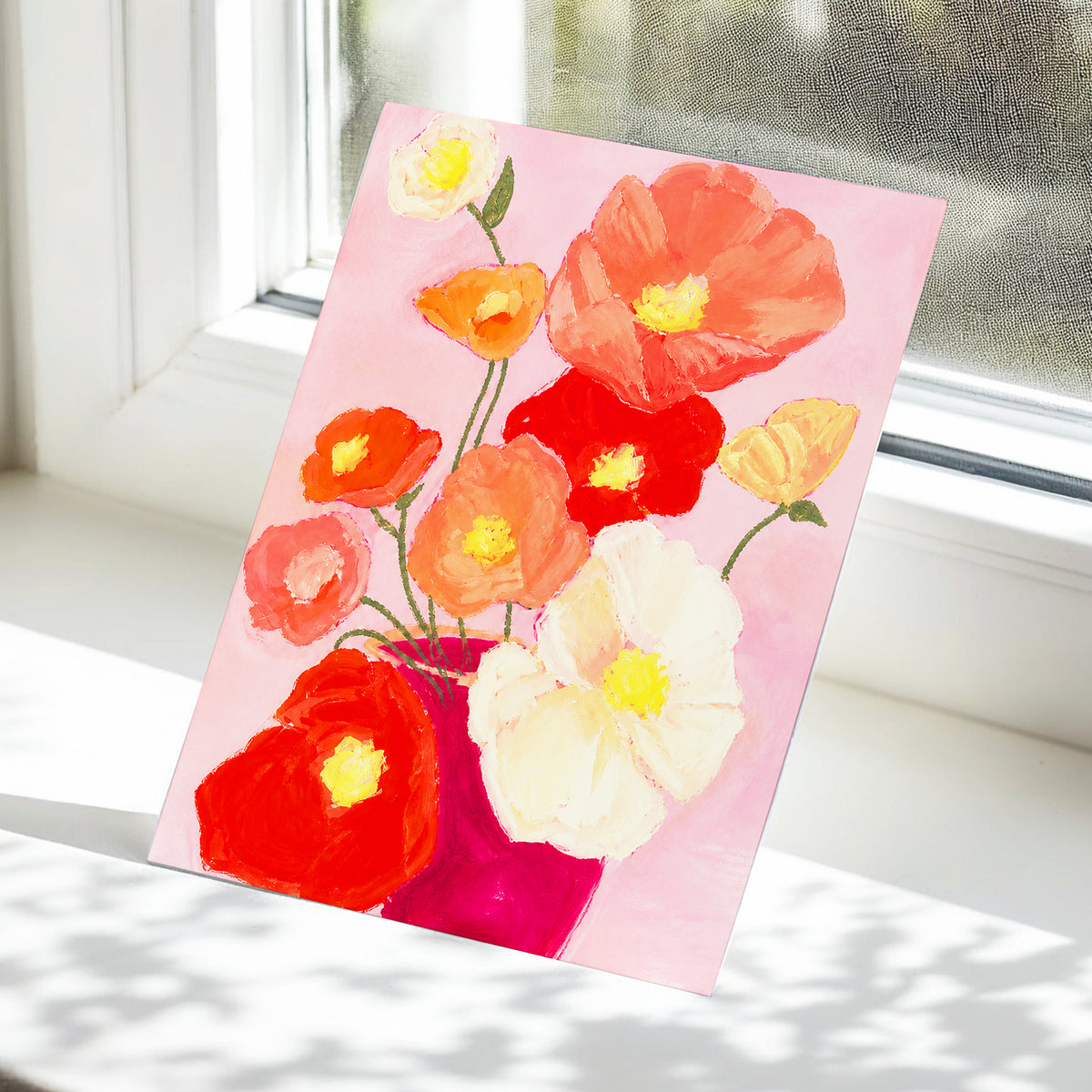 Scarlet Blush Bouquet, pink, red, orange floral wall art displayed in a styled interior, gallery view 5