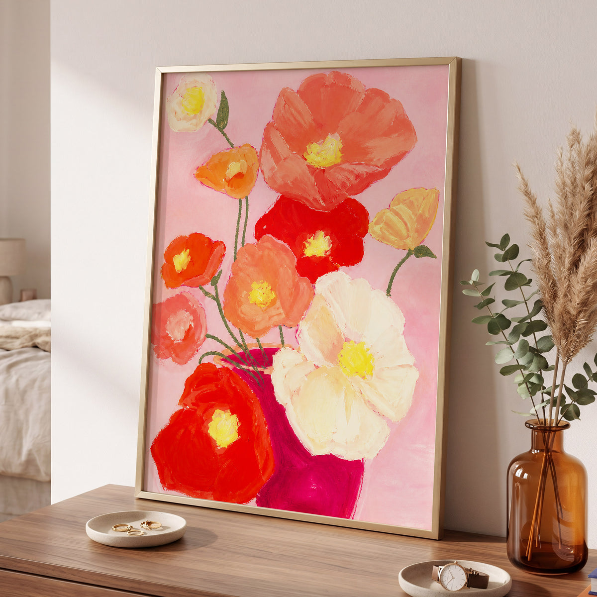 Scarlet Blush Bouquet, pink, red, orange floral wall art displayed in a styled interior, gallery view 6